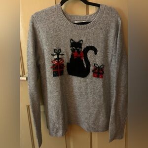 Cupcakes and Cashmere Gray Sweater with Black Cat and Presents